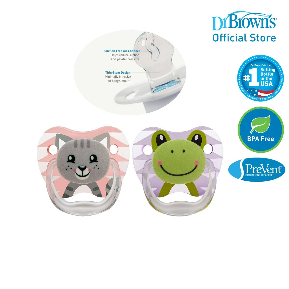 Dr Brown's Prevent Printed Shield Pacifier - Stage 1, 0-6M, Girl (Cat & Frog) 2-Pack