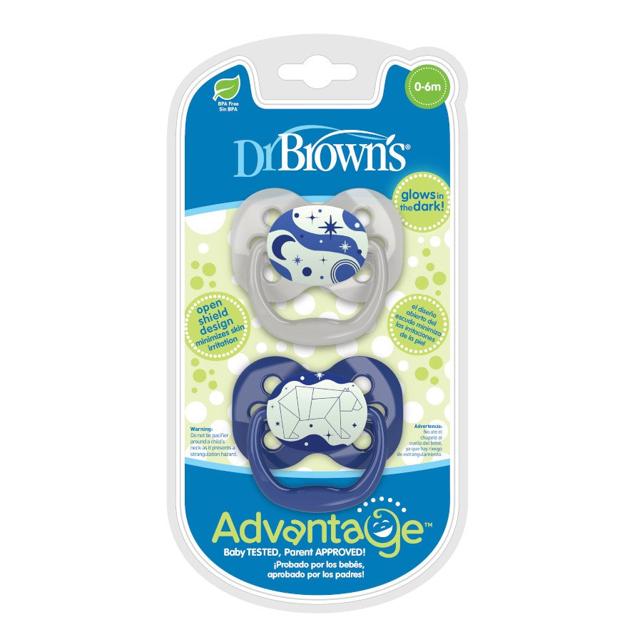Dr Brown's Advantage Pacifier - Stage 1, Glow in the Dark - Blue, 2-Pack