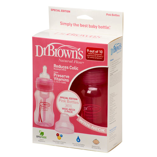 DR Brown's 8oz/240ml Natural Flow WIDE-NECK Baby Bottle (2-Pack)-Pink