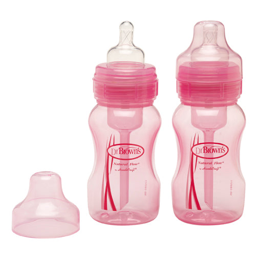 DR Brown's 8oz/240ml Natural Flow WIDE-NECK Baby Bottle (2-Pack)-Pink