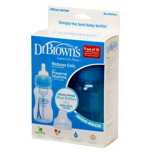 DR Brown's 8oz/240ml Natural Flow WIDE-NECK Baby Bottle (2-Pack)-Blue