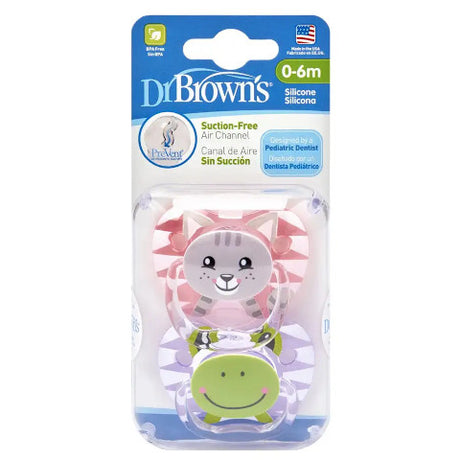 Dr Brown's Prevent Printed Shield Pacifier - Stage 1, 0-6M, Girl (Cat & Frog) 2-Pack