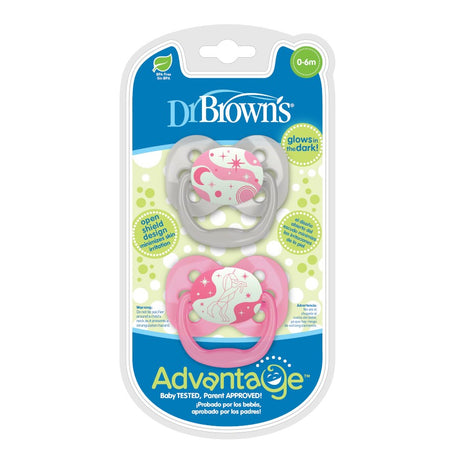 Dr Brown's Advantage Pacifier - Stage 1, Glow in the Dark - Pink, 2-Pack