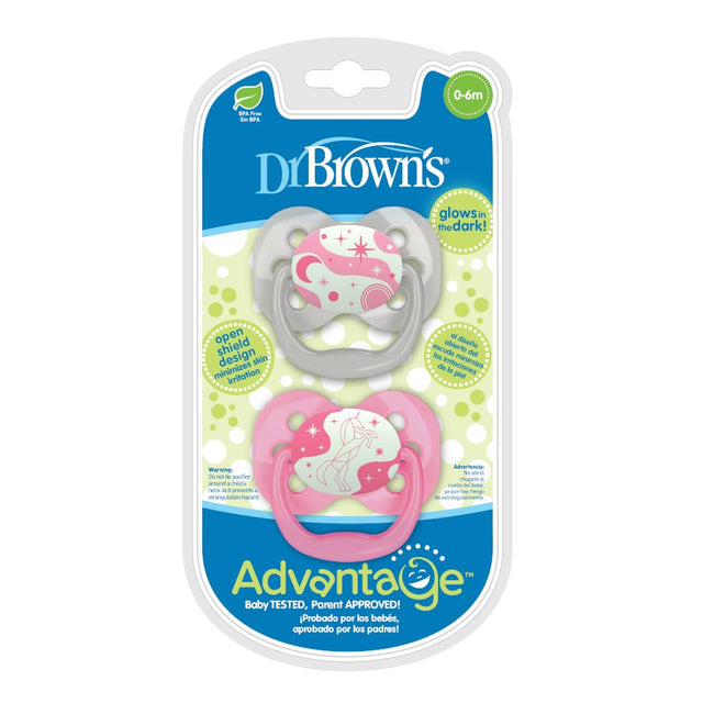 Dr Brown's Advantage Pacifier - Stage 1, Glow in the Dark - Pink, 2-Pack