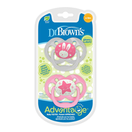 Dr Brown's Advantage Pacifier - Stage 2, Glow in the Dark - Pink, 2-Pack